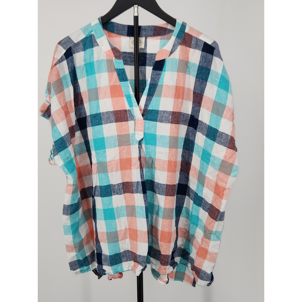 St Johns Bay Womens 2X Linen Blend Plaid V-Neck Short Sleeve Blouse Multi-Color